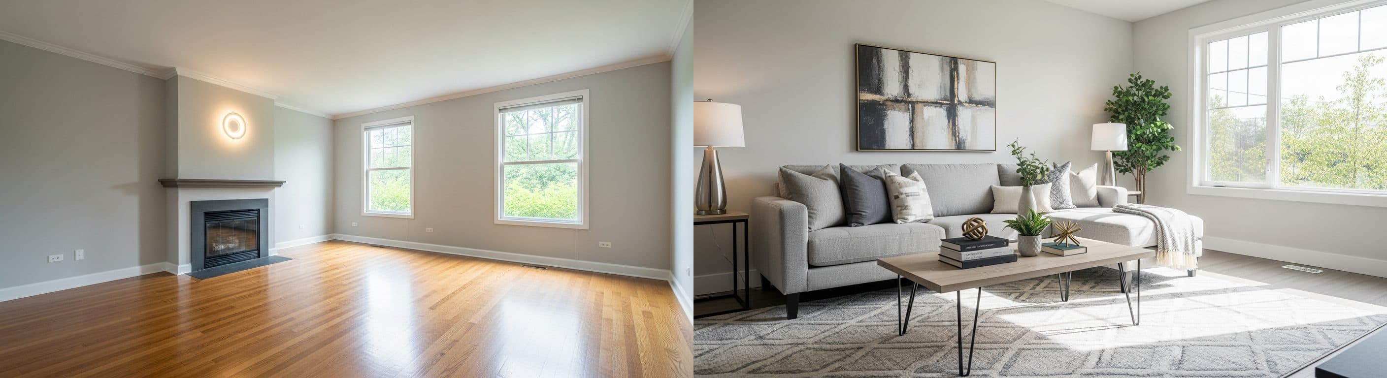 Wohnzimmer: vor vs. nach virtuellem Staging