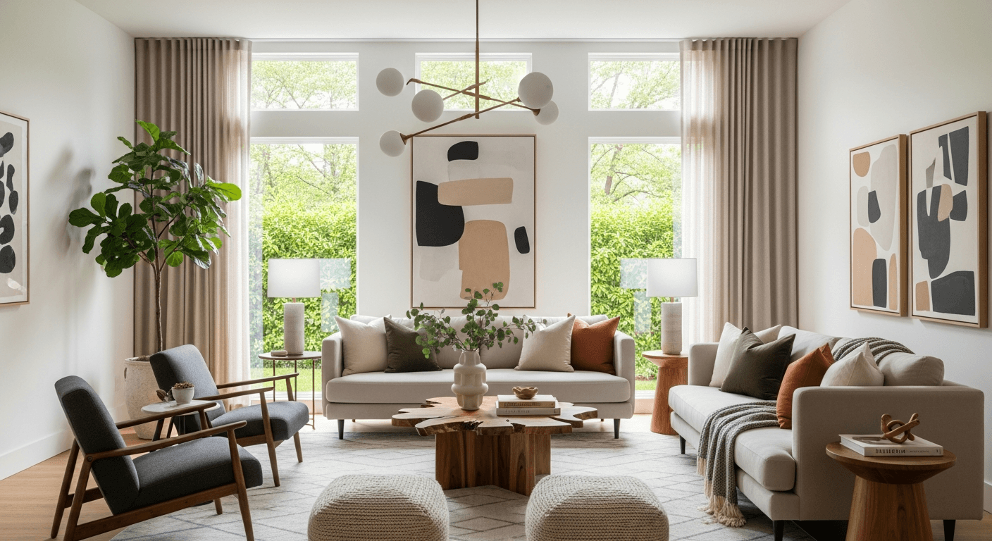 Helles Wohnzimmer mit ausgewogenem Fensterlicht auf Immobilienfoto