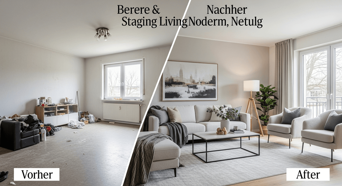 Virtuelles Staging Vorher-Nachher-Transformation eines Wohnzimmers