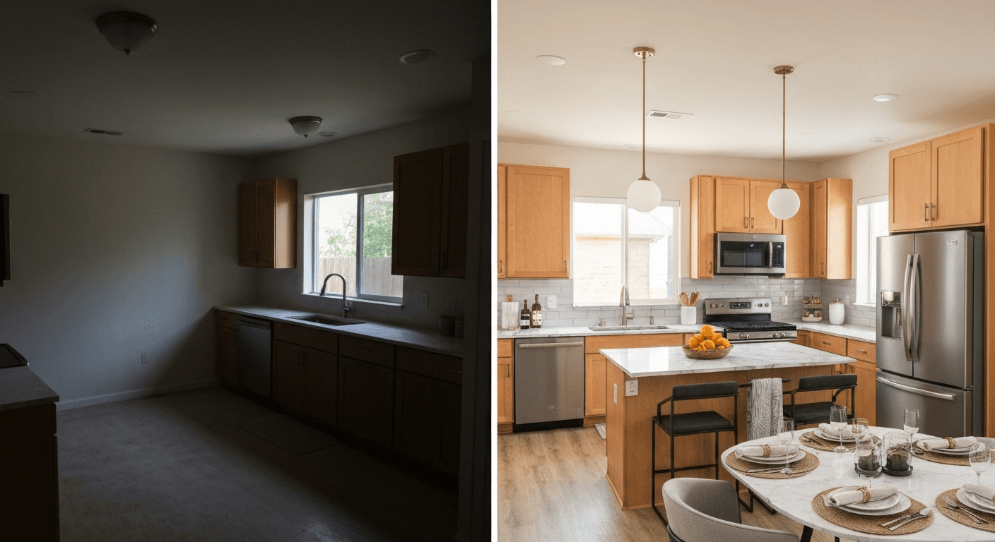 Küche: Vorher vs. Nachher virtuelles Staging