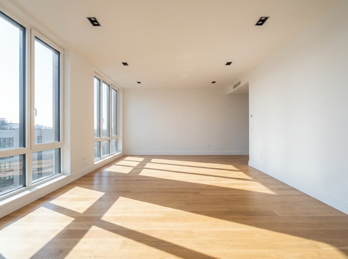 Leeres, sauberes Wohnzimmer mit weißen Wänden, hellen Holzböden und großen Fenstern bei natürlichem Tageslicht.