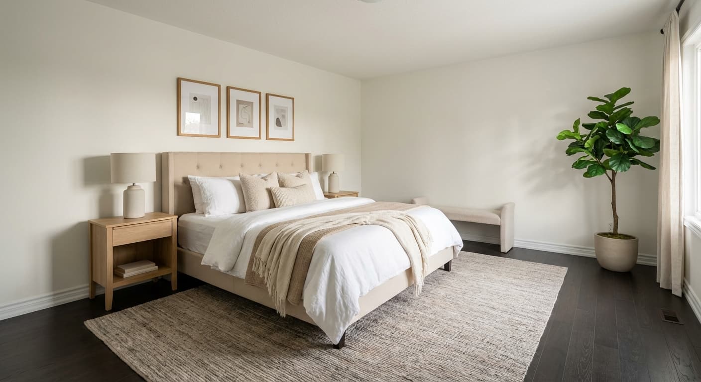 Dasselbe Schlafzimmer gestagt mit gepolstertem Bett, mehrlagiger Bettwäsche, passenden Nachttischen und Lampen, Teppich, Kunst und einer Bank.