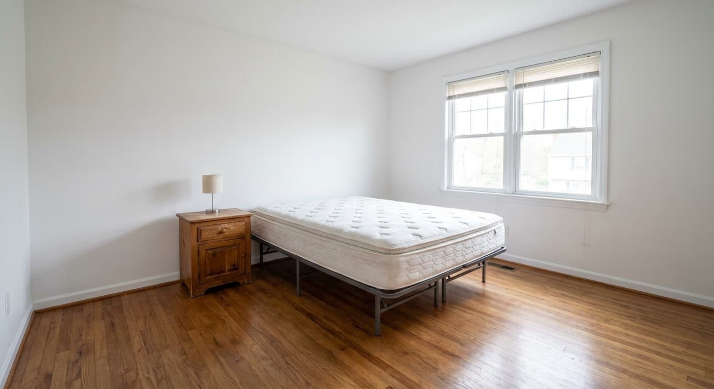 Aufgeräumtes Hauptschlafzimmer mit nackter Matratze, minimalen Möbeln und ohne Deko bei natürlichem Licht.