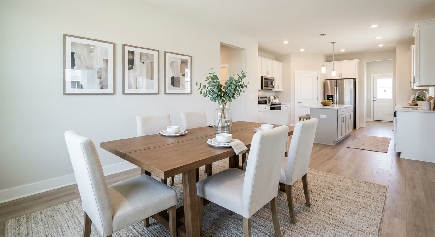 Derselbe Essbereich gestagt mit modernem Tisch für sechs, gepolsterten Stühlen, neutralem Teppich und minimaler Deko.