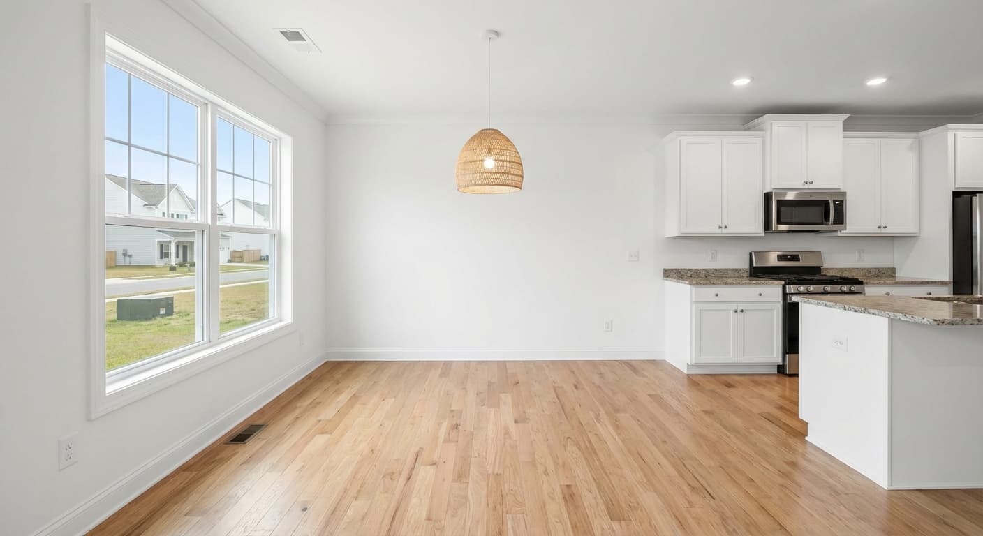 Leerer Essbereich mit hellen Holzböden, weißen Wänden und einer Pendelleuchte bei Tageslicht.