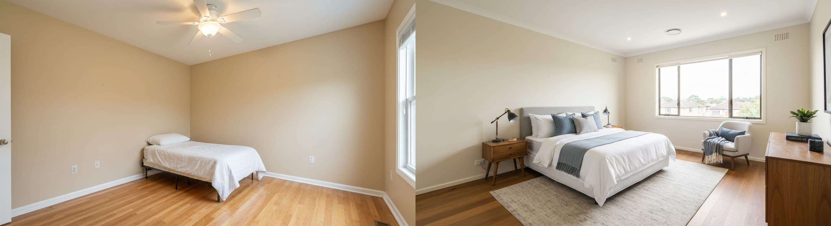 Schlafzimmer: vor vs. nach virtuellem Staging