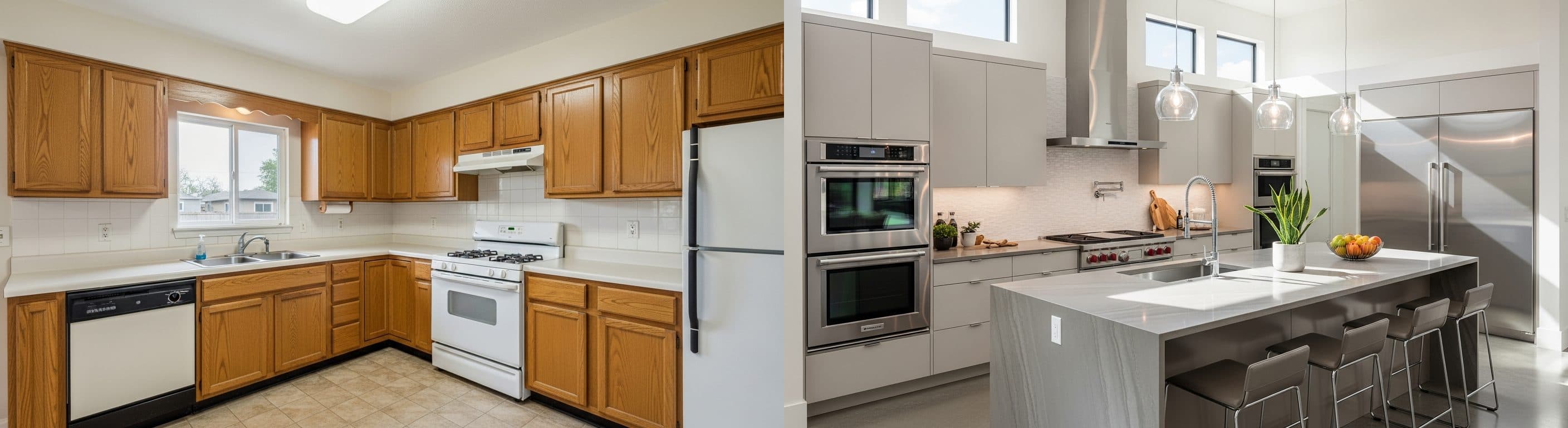 Küche: vor vs. nach virtuellem Staging