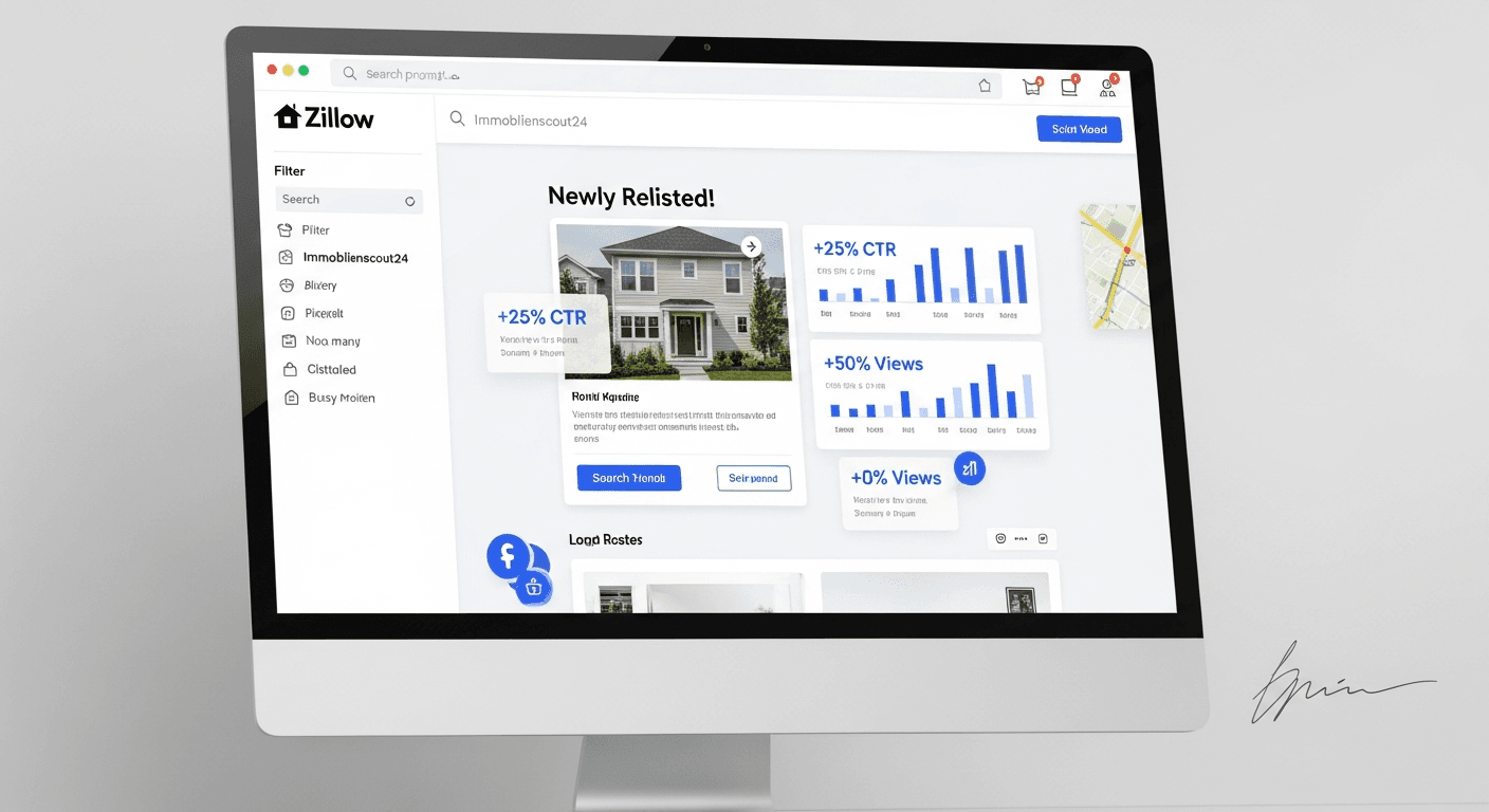 Eine moderne Immobilienportal-Oberfläche, die eine neue Immobilienanzeige mit hohen Sichtbarkeitsmetriken zeigt