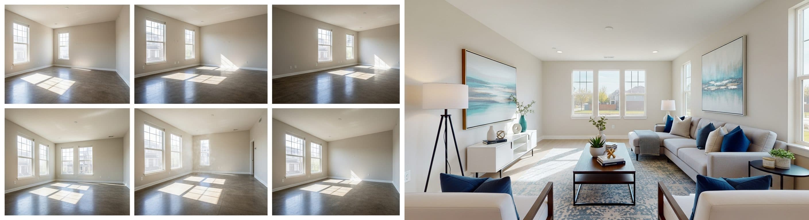 Wohnzimmer: vor vs. nach virtuellem Staging