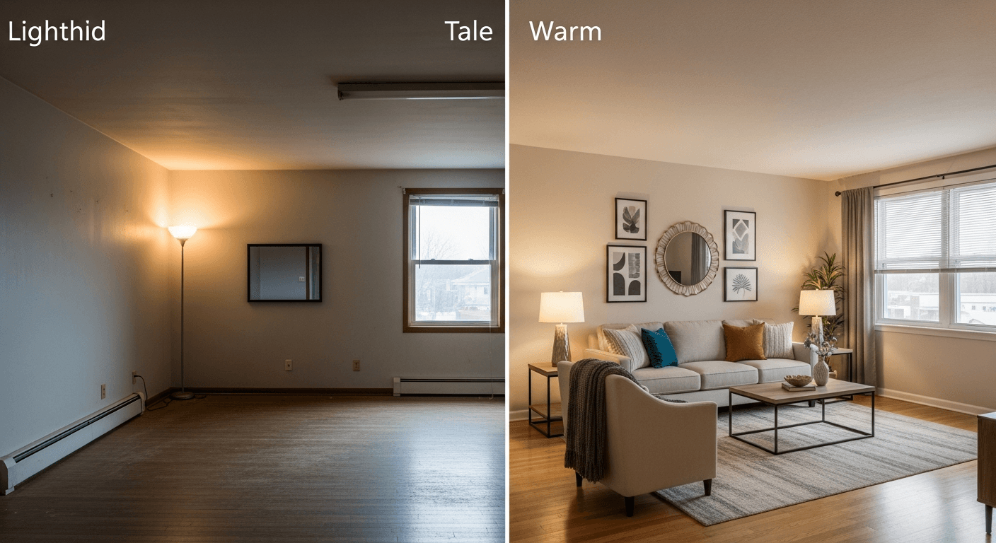 Leerer Raum in einem leerstehenden Haus im Vergleich zu einem wunderschön inszenierten Wohnbereich, der hervorhebt, warum leere Räume langsamer verkaufen