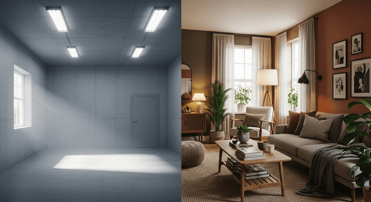 Before and after image of a cold empty room transformed into a warm staged living space