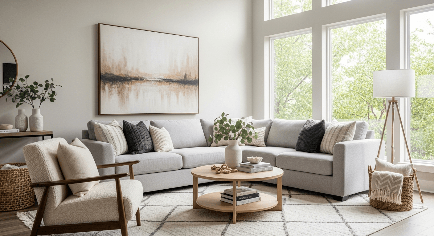 Gemütliches Wohnzimmer mit virtuellem Staging, das vertrauensbildende Elemente der Immobilienbeschreibung zeigt